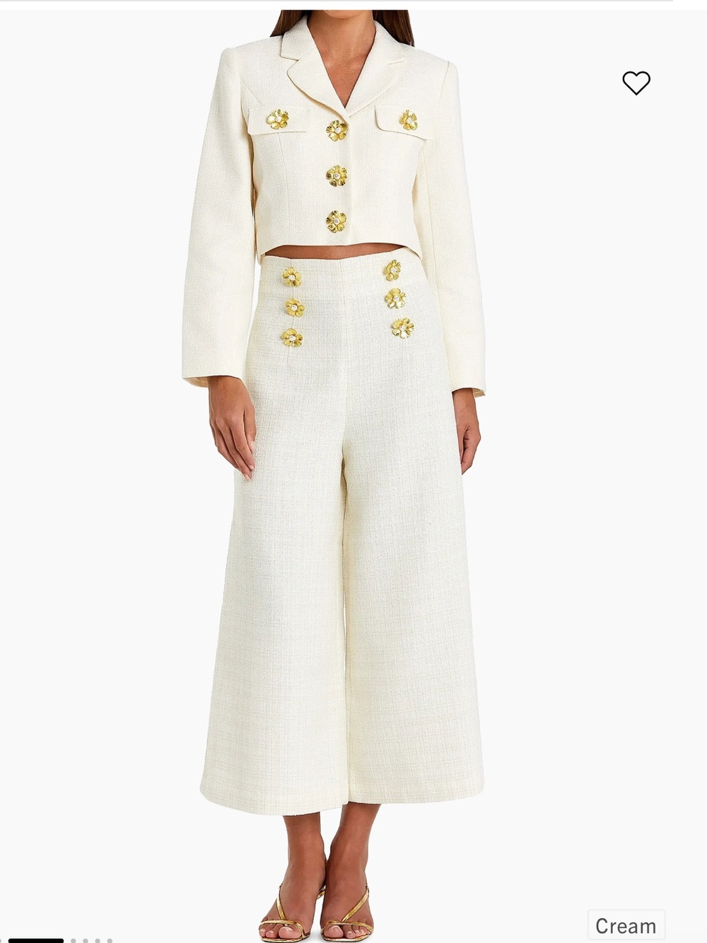 Mac Duggal Cream Tweed Crop Blazer with Gold Floral Buttons